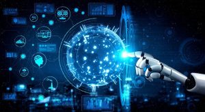 Mano robótica interactuando con una interfaz digital futurista, simbolizando innovación tecnológica en servicios de asesoría en Legazpi